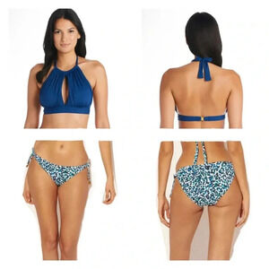 Bleu Rod Beattie All Tied Up Navy Hi-Neck Top and Tie Sides Bikini Bottom Sz 10